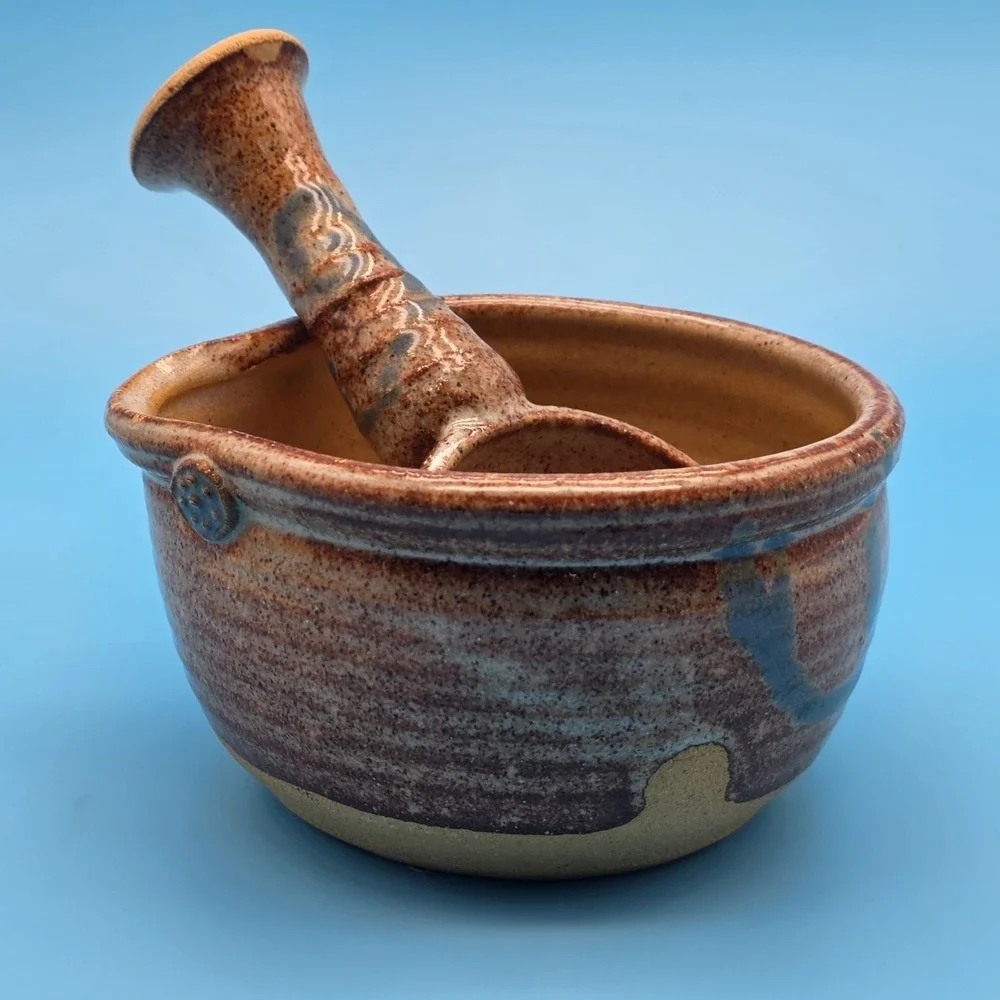 Signed Studio Pottery Bowl With Spout And Spoon Brown With Blue Accents